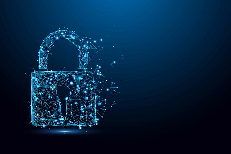 Illustration eines Cybersicherheitskonzepts in Form eines Anhängeschloss auf blauem Hintergrund.
