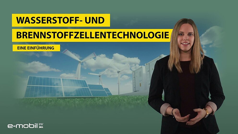 Video-Vorschau: Weibliche Person blickt lächelnd in die Kamera, hinter ihr der Schriftzug 'Wasserstoff- und Brennstoffzellentechnologie'