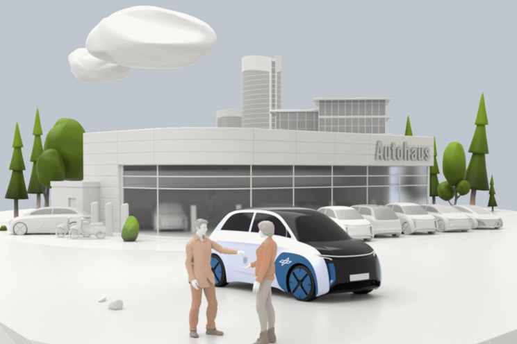 Rendering zweier Personen, die vor einem Autohaus ein Auto übergeben.