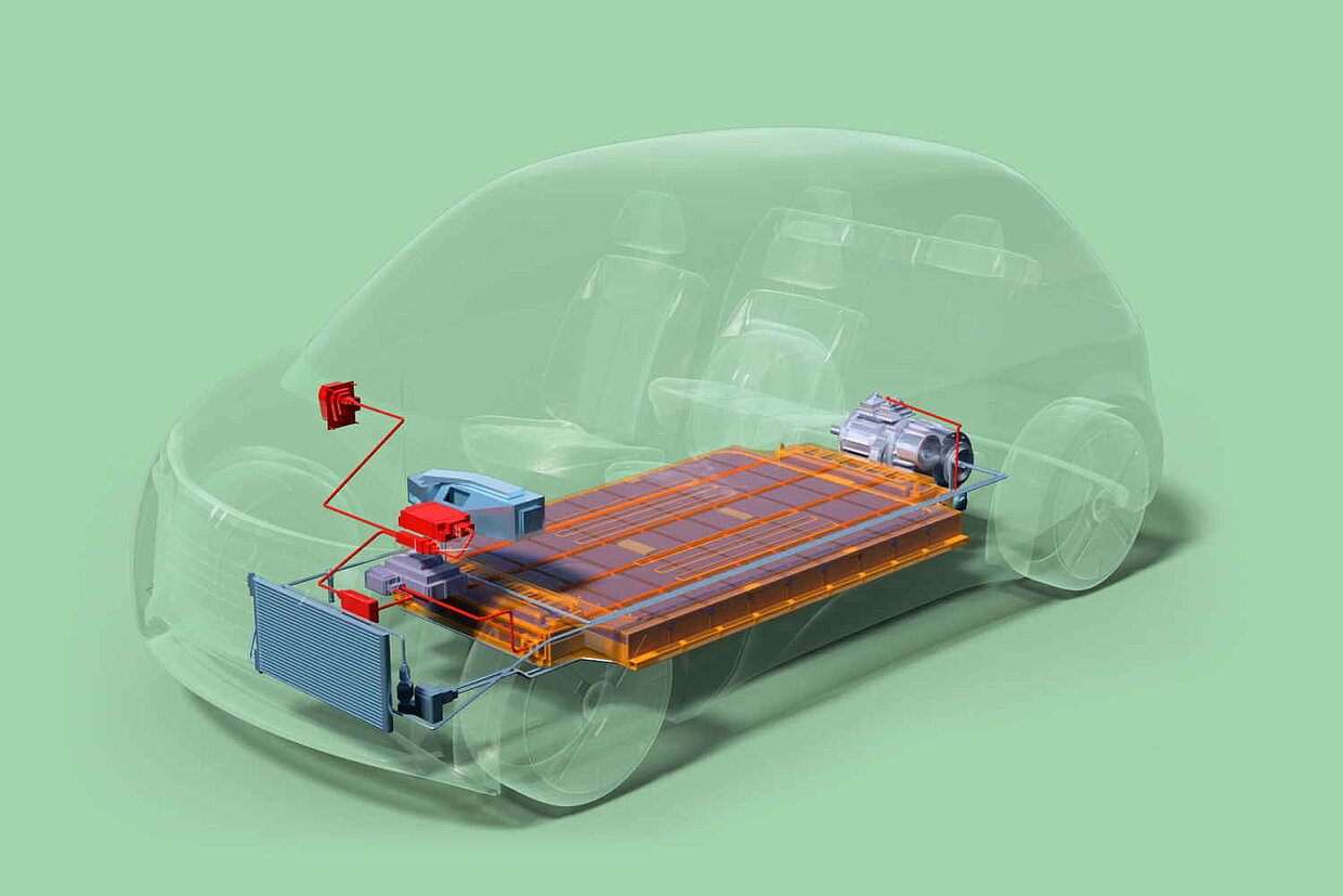 Blick in das Innere eines Elektro-Pkws. Die transparente Fahrzeughülle legt u.a. die Traktionsbatterie, aber auch Sensor- und Kühlelemente frei.