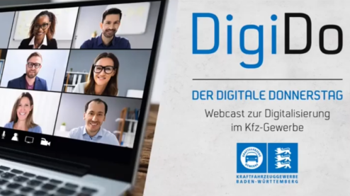 Auf einem Laptop läuft ein Web-Seminar. Das Seminar wird durch den Kfz-Verband gehostet und nennt sich DigiDo.