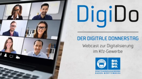 Auf einem Laptop läuft ein Web-Seminar. Das Seminar wird durch den Kfz-Verband gehostet und nennt sich DigiDo.