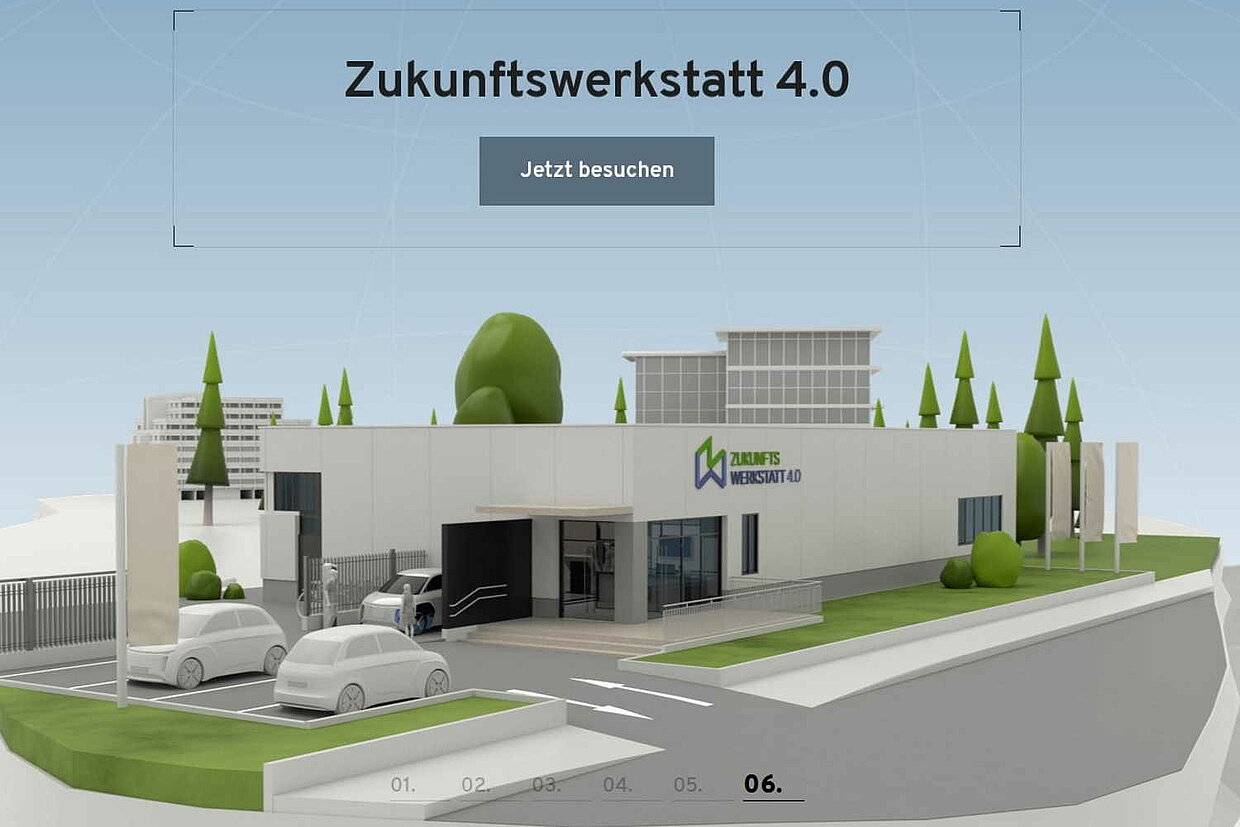 3D-Modell eines Autohauses auf einer Eisscholle. Um das Gebäude herum stehen Bäume und Pkw.