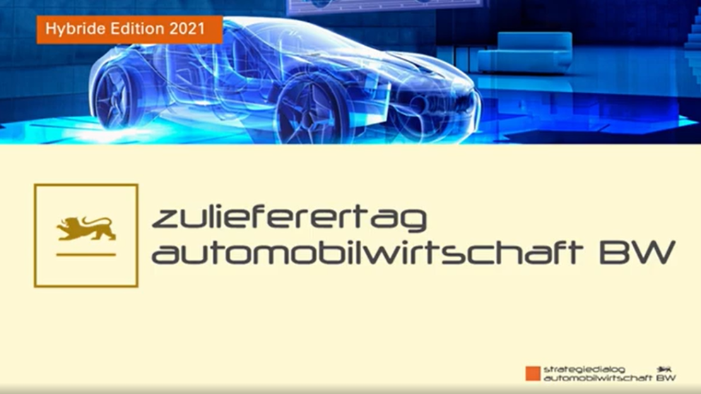 Video-Vorschaubild: Logo des Zulieferertags Automobilwirtschaft BW und ein 3D-gezeichnetes Automobil.