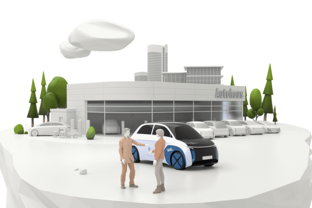 Grafische Darstellung einer Eisscholle, auf der ein Autohaus sowie ein PKW und zwei Personen stehen.